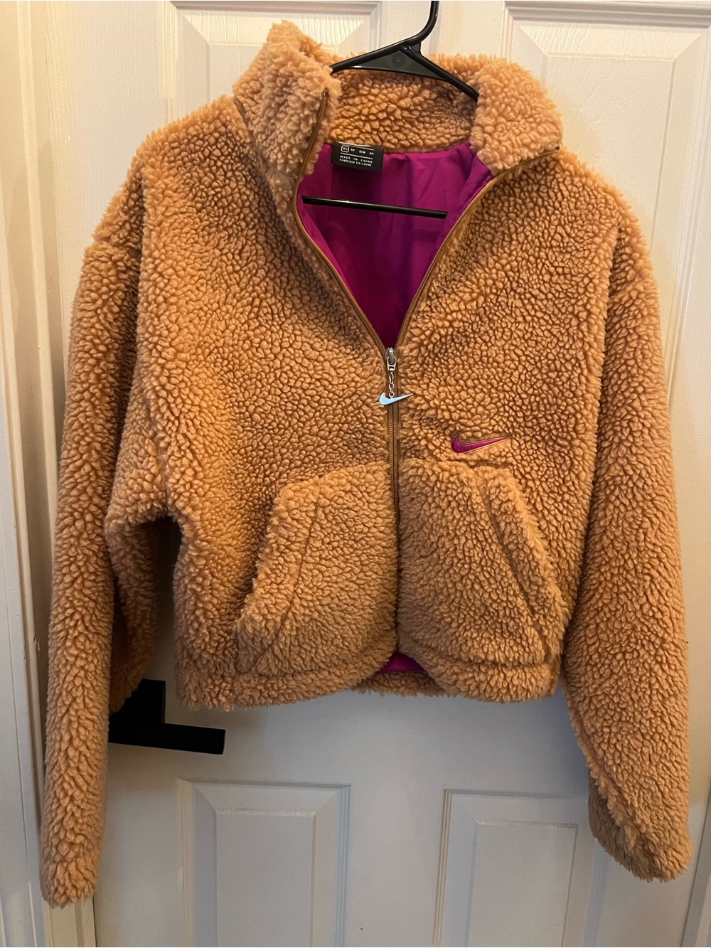 Nike Kids Camel Teddy Puffer Jacket with Pink Lining